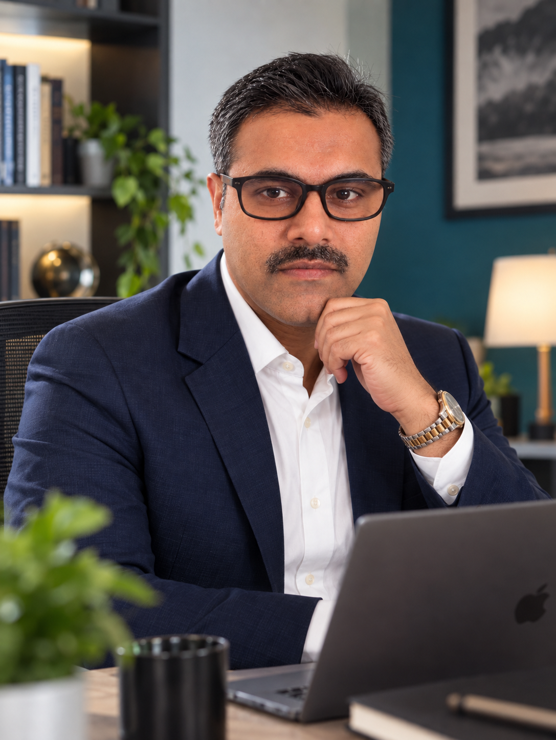 Rajorshee Banerjee at his desk, in thought