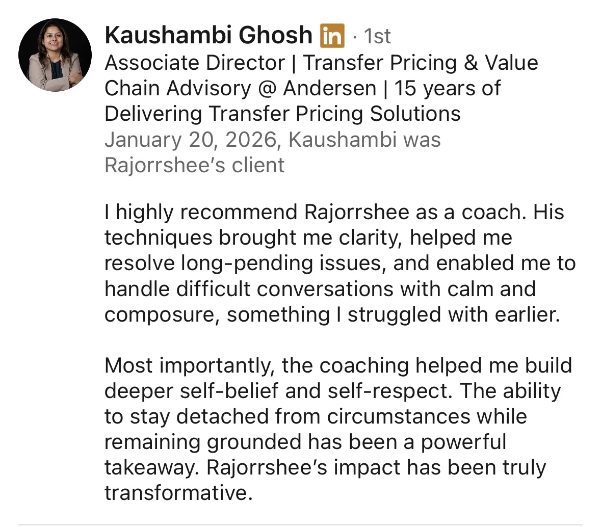 LinkedIn recommendation from Kaushambi Ghosh